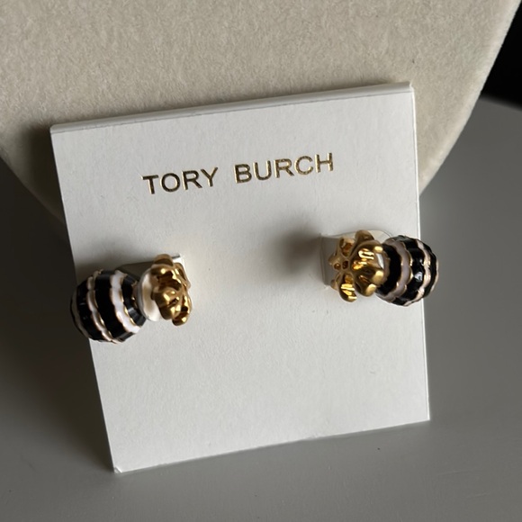 ❤️ Tory Burch Gold and Black Striped Stud Earrings❤️ - Picture 1 of 4